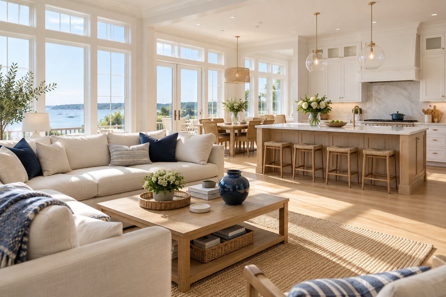 Illustrative bright, clean living room and kitchen